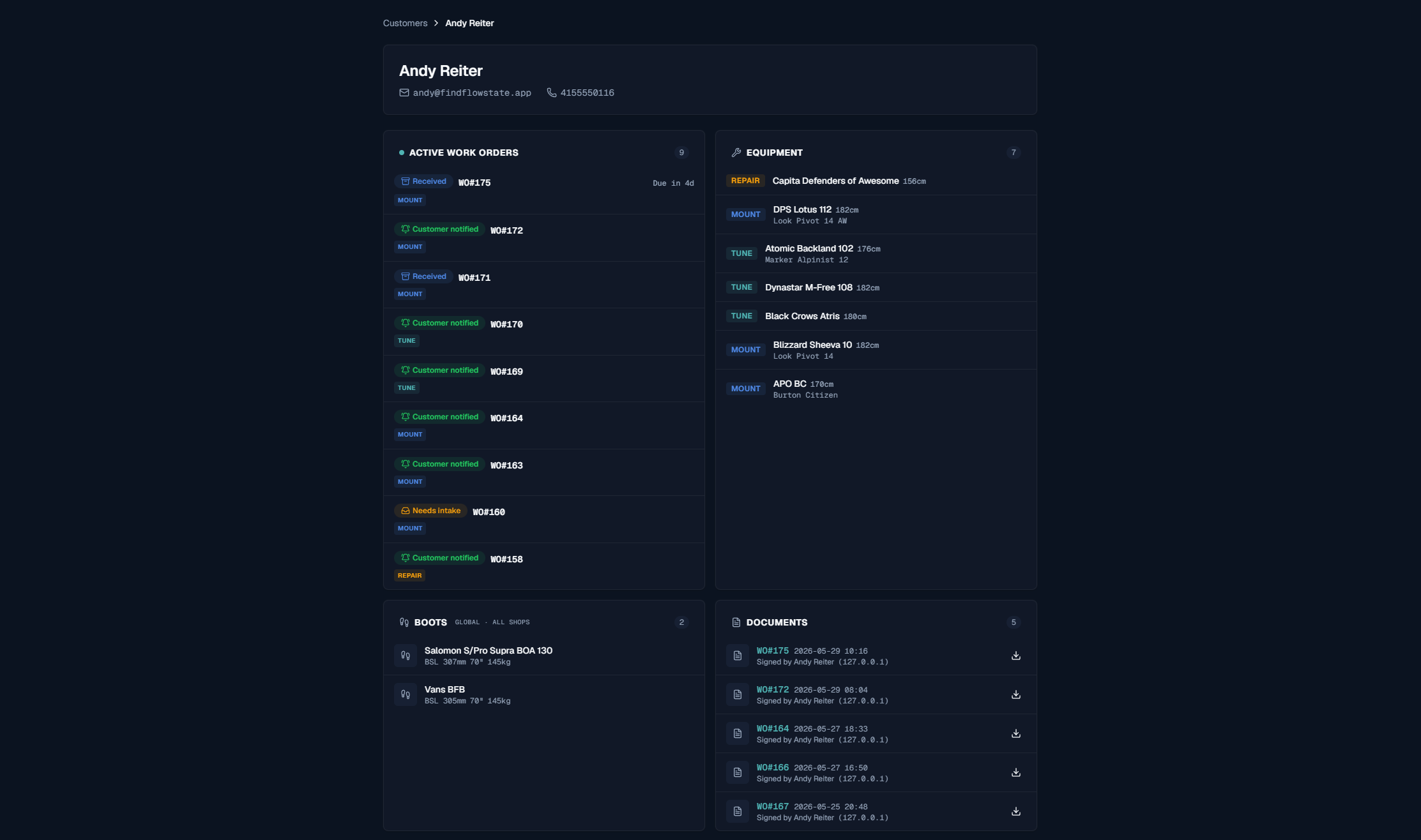 FlowState customer profile — a skier’s full history: every work order, all equipment and boots, and signed agreement documents preserved with timestamps.