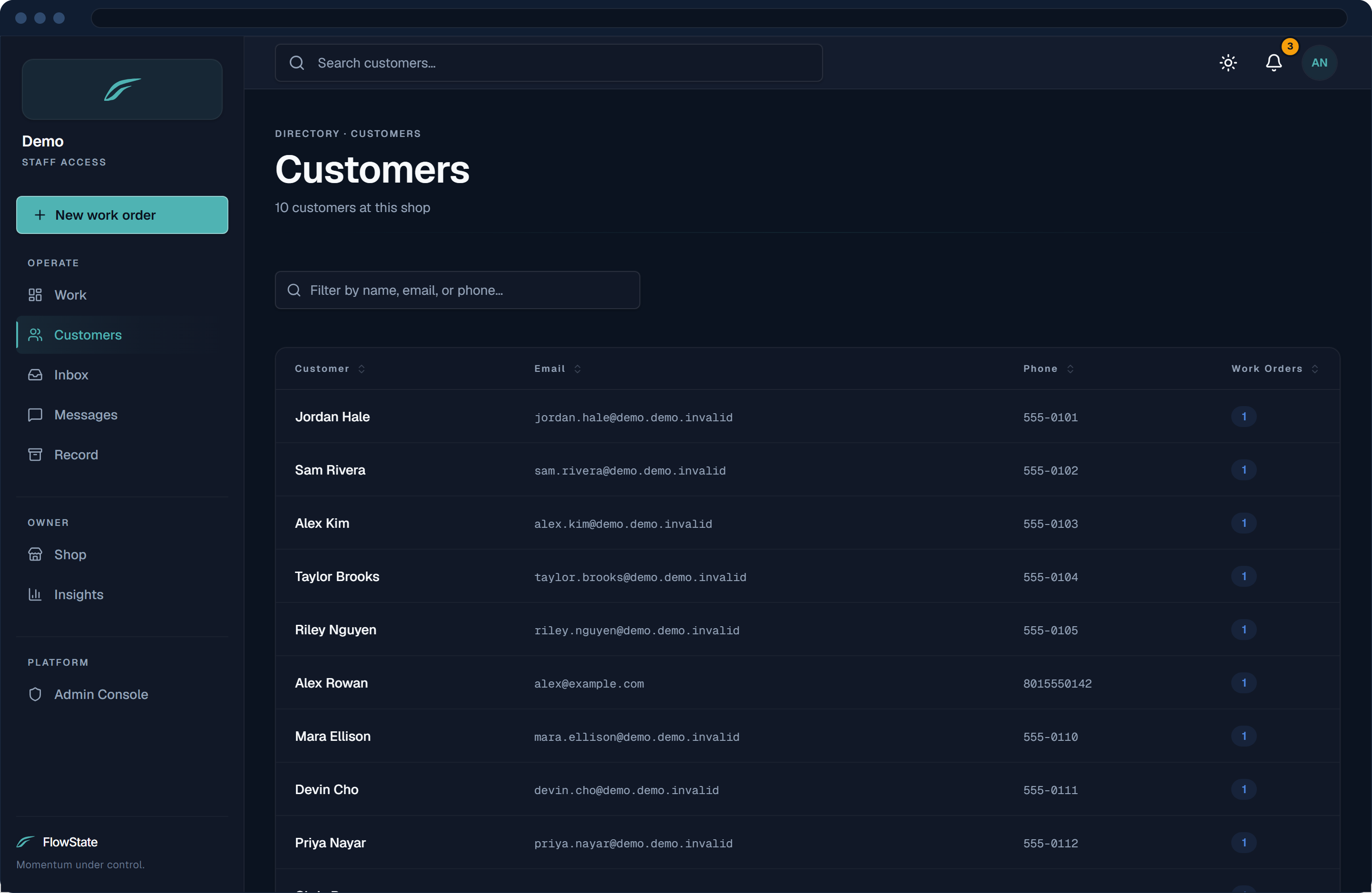 FlowState customer profile — a skier’s full history: every work order, all equipment and boots, and signed agreement documents preserved with timestamps.