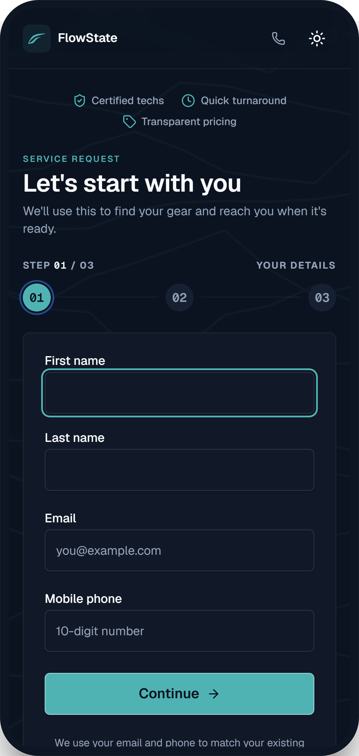 FlowState public intake on a phone — a customer entering their contact details to start a work order before reaching the shop.