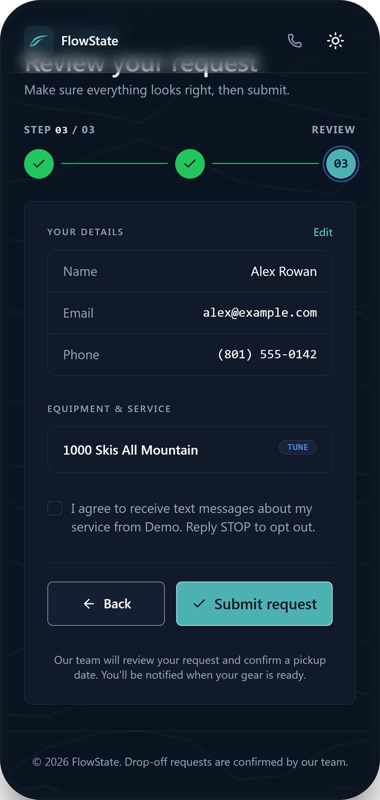 Intake review step — a summary of the customer’s details, equipment, and chosen service before submitting.