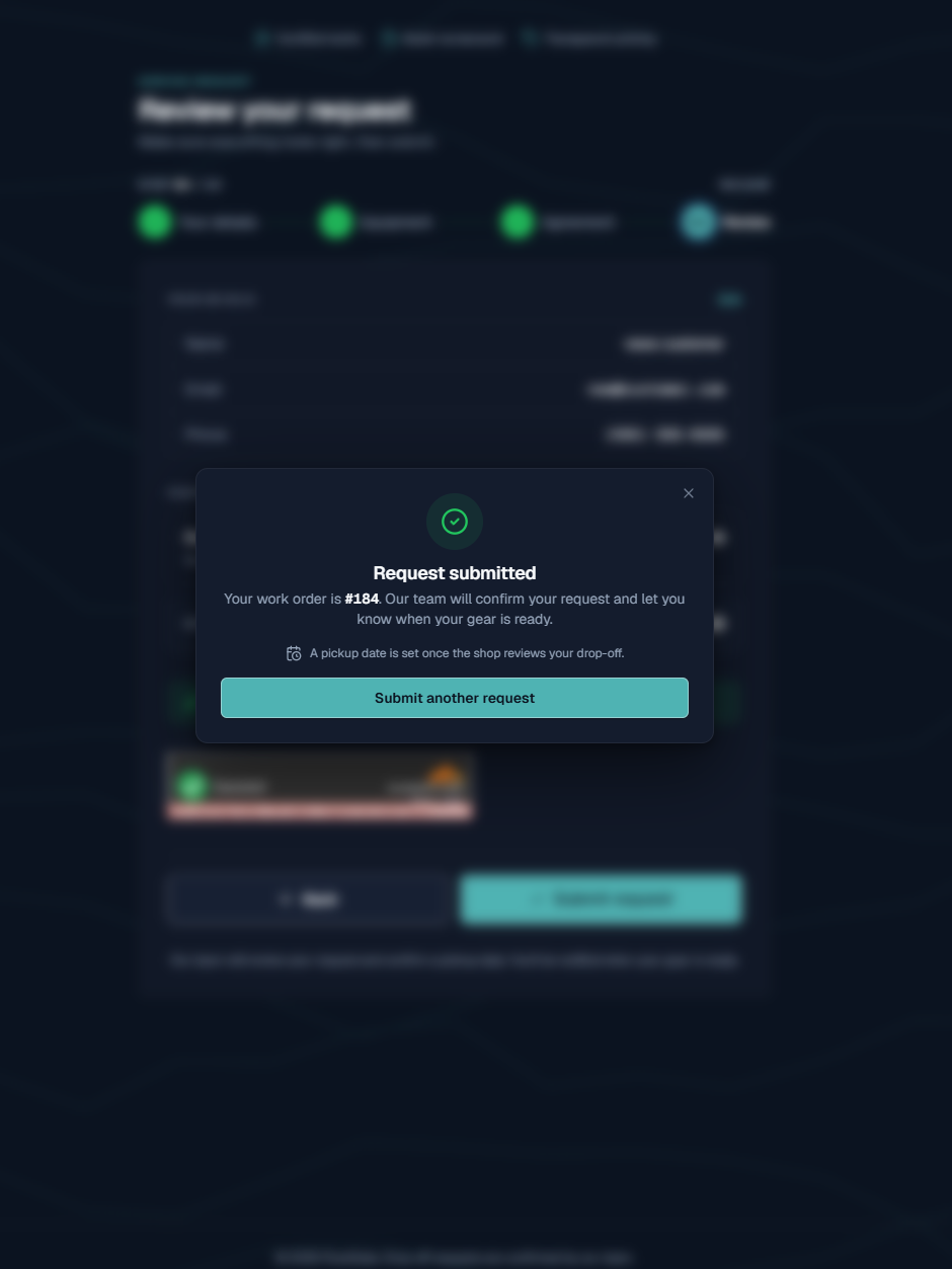 Intake confirmation — a “Request submitted” dialog showing the new work order number.