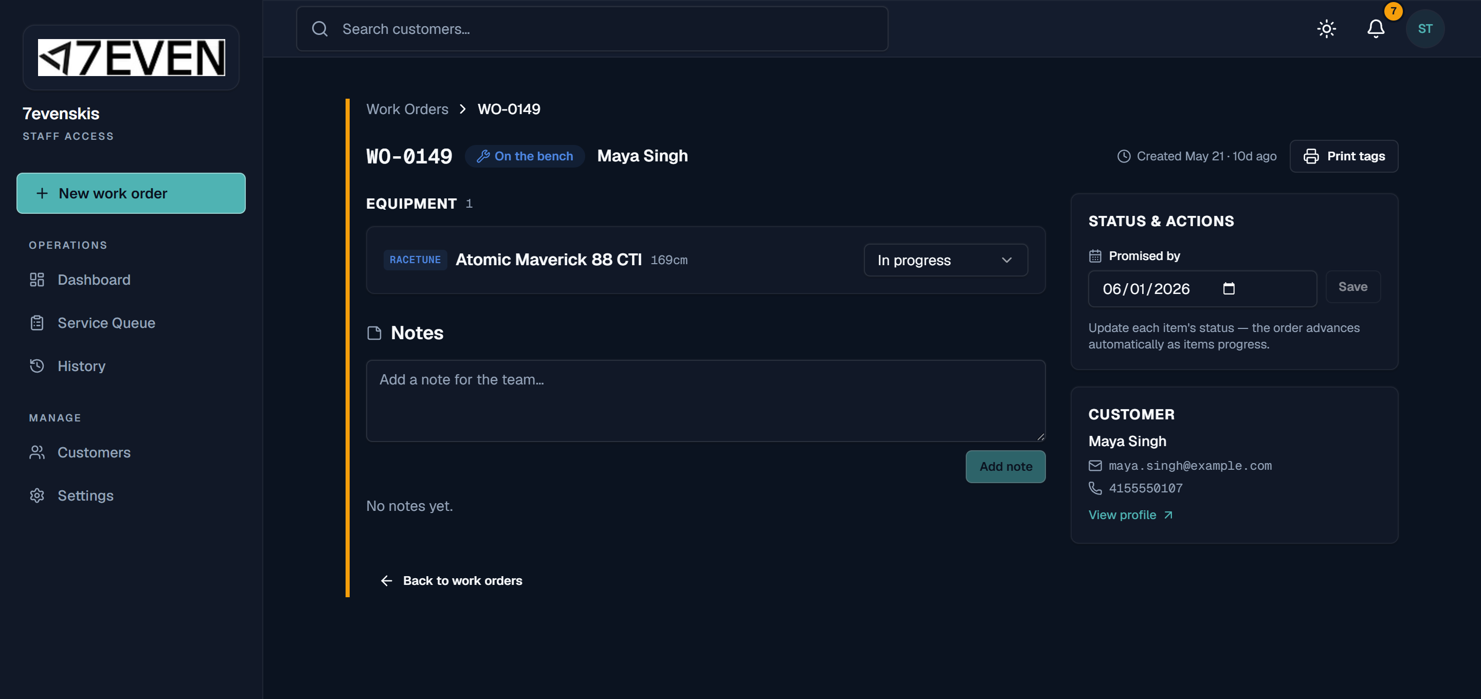 FlowState work-order detail — a tune “on the bench,” advancing item by item with a per-item status dropdown.