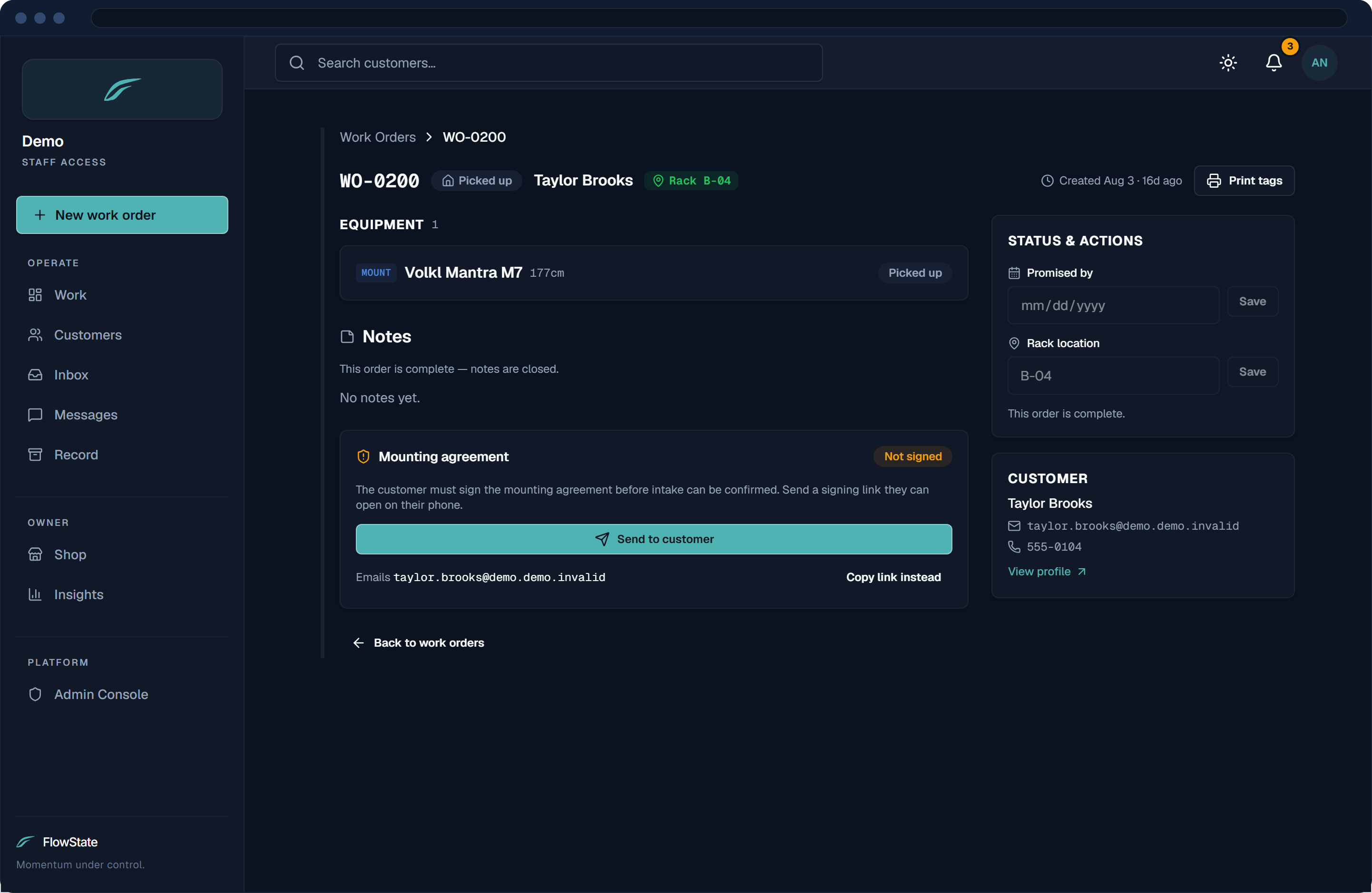 FlowState work-order detail — a tune “on the bench,” advancing item by item with a per-item status dropdown.