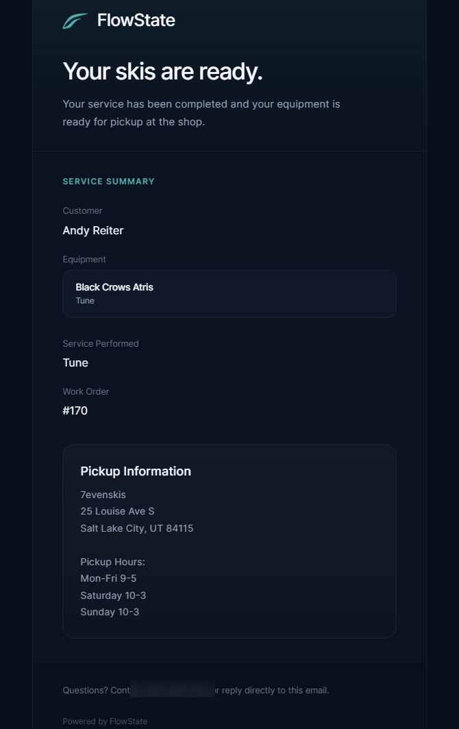 Completion email to the customer — “Your skis are ready” with a service summary and pickup details.