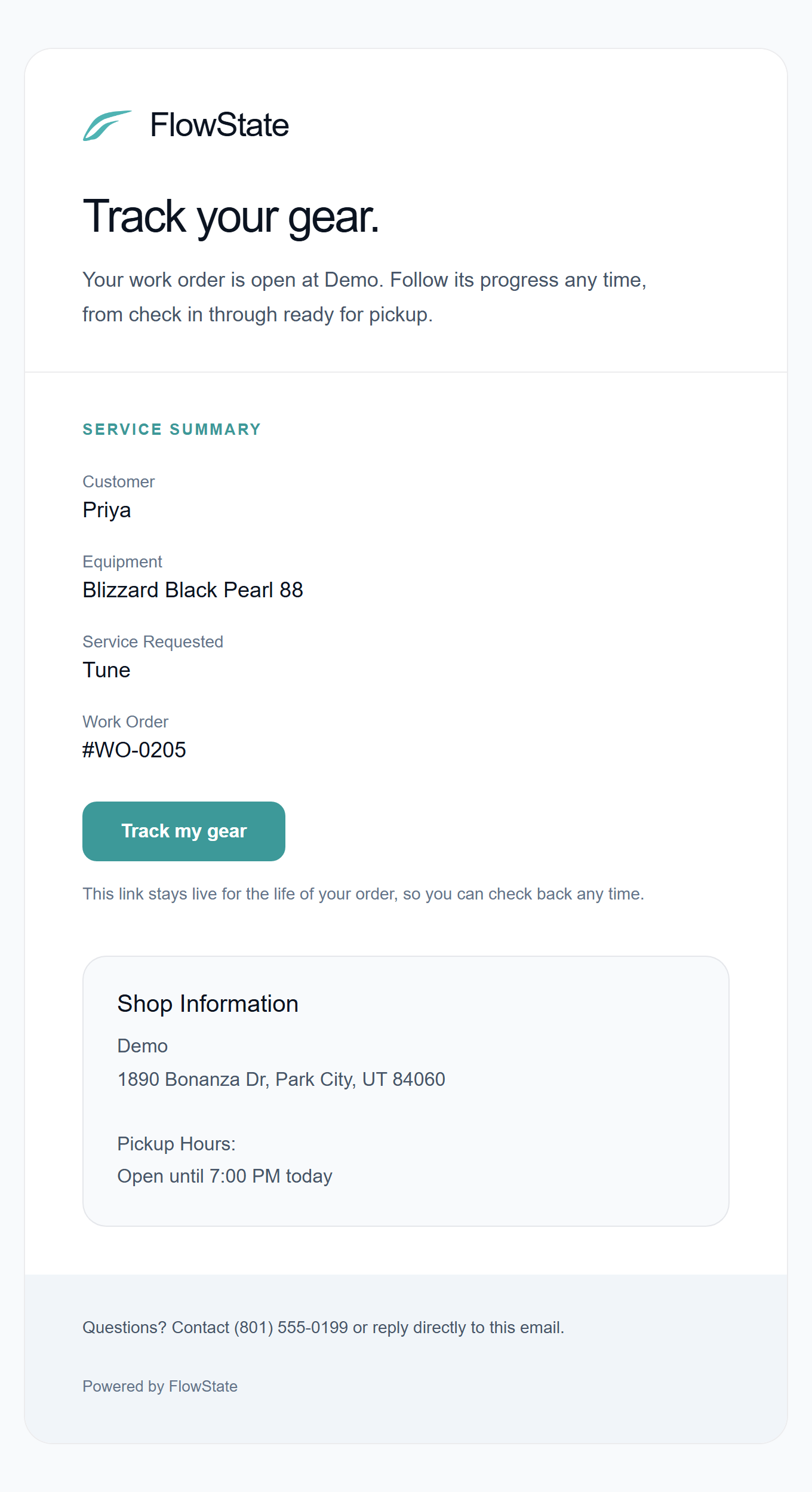 FlowState confirmation email — “Track your gear” with a service summary and a live tracking link.