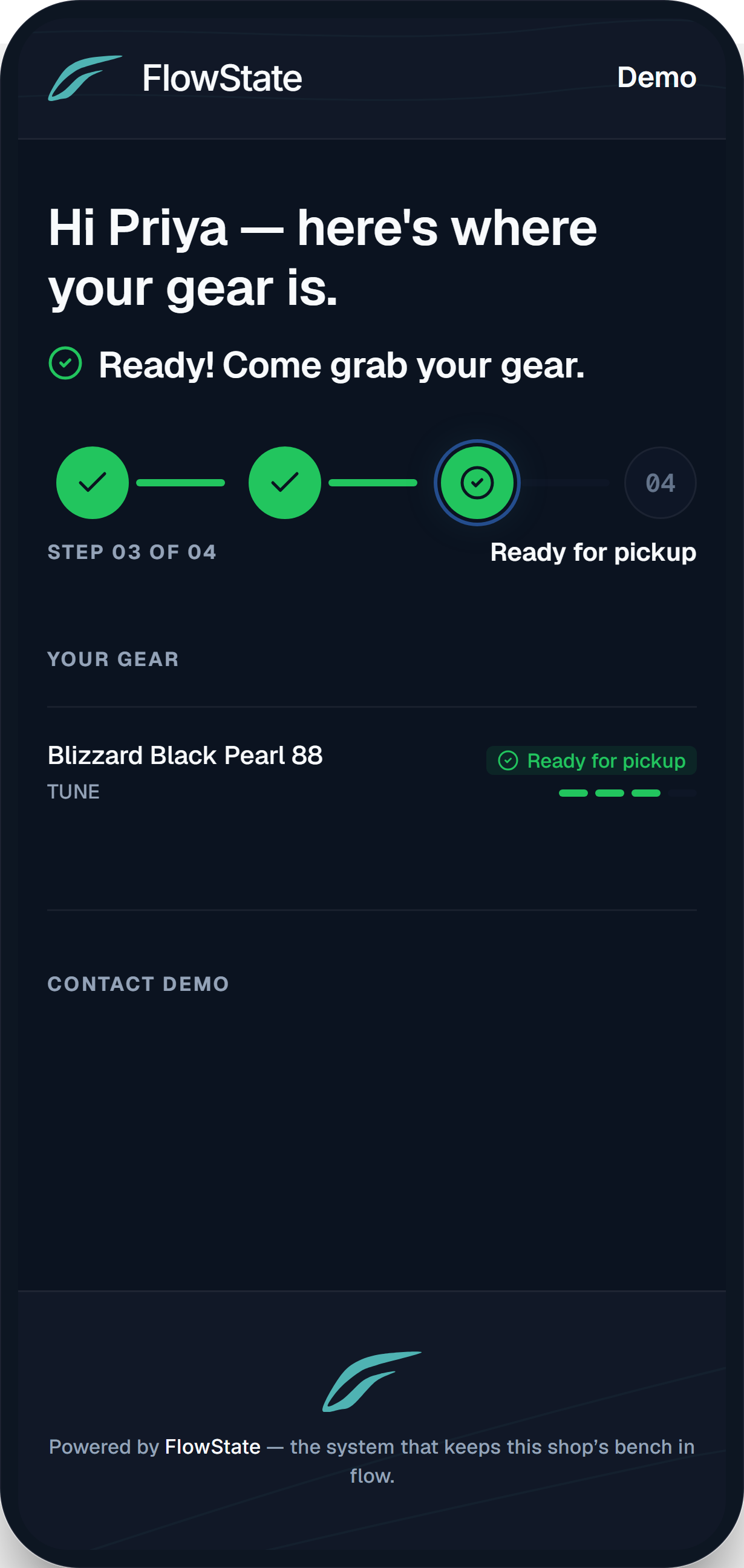 FlowState customer tracking page on a phone — a four-stage progress tracker showing the order ready for pickup.