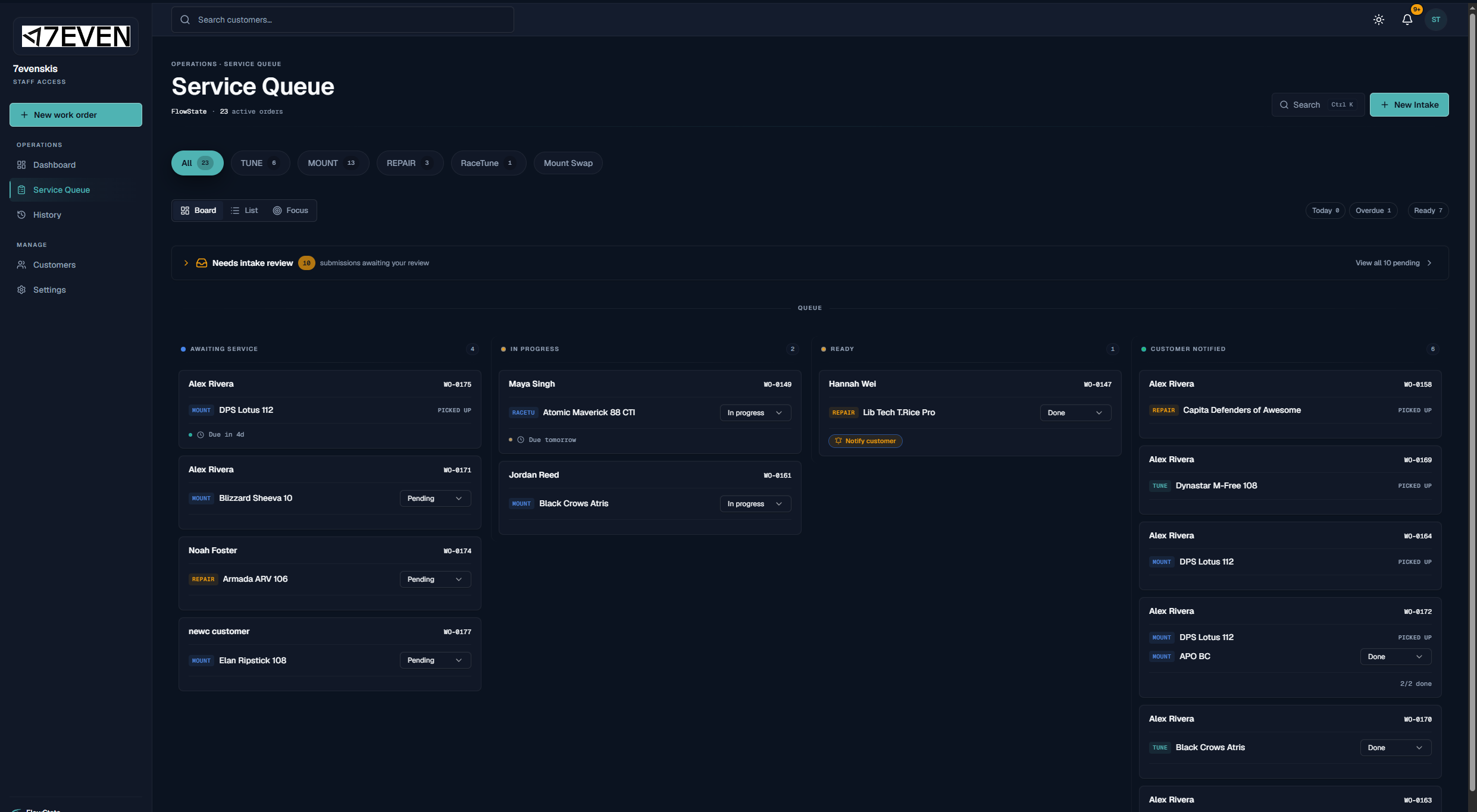 Staff Service Queue board — live work orders across lanes: awaiting service, in progress, ready, and customer notified.