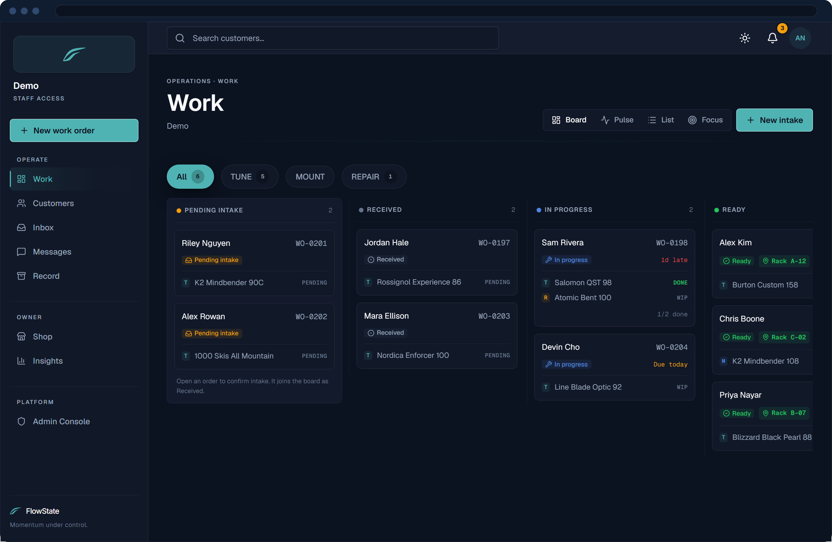 FlowState Service Queue board — live work orders across lanes: awaiting service, in progress, ready, and customer notified.