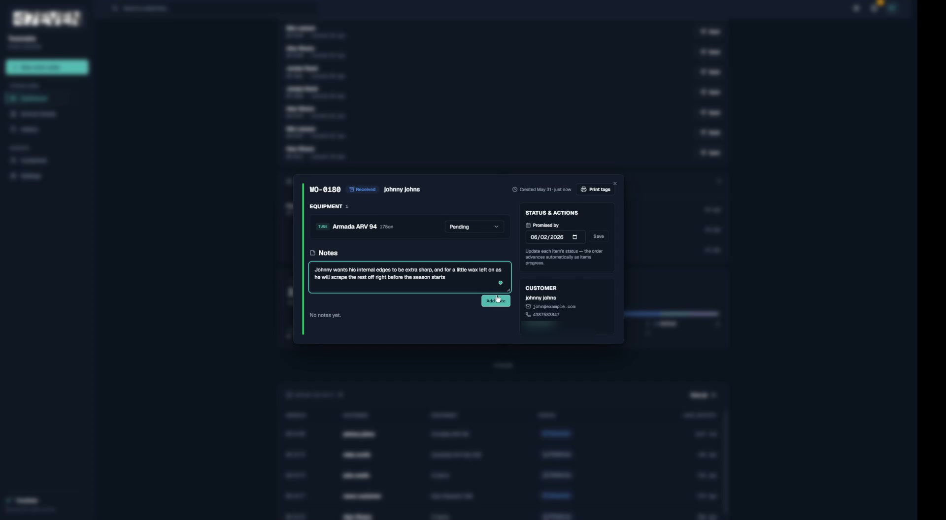 Work-order detail — a tune on Armada skis advancing item by item through the queue.