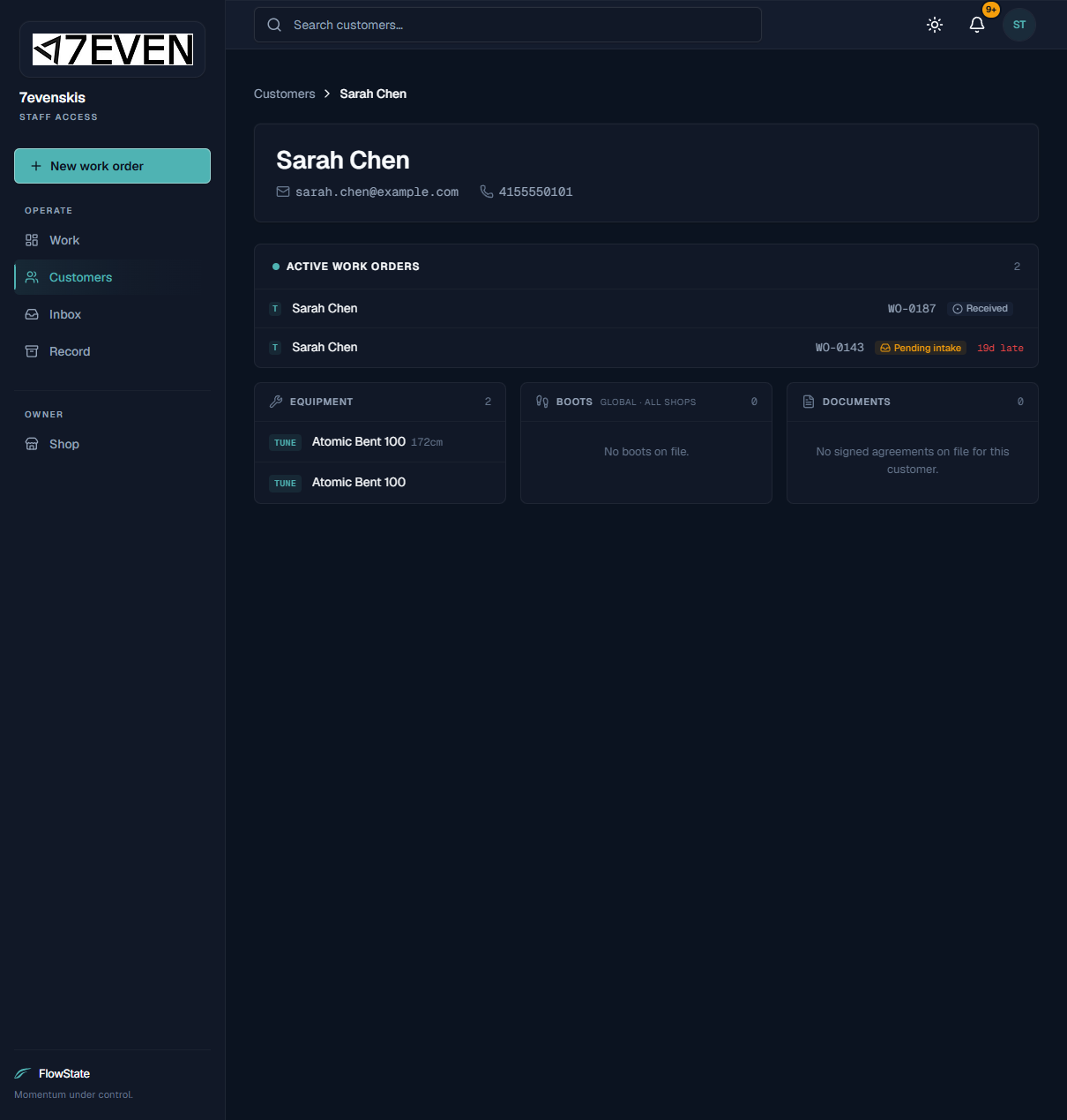 A customer profile showing active work orders, equipment, boots, and documents