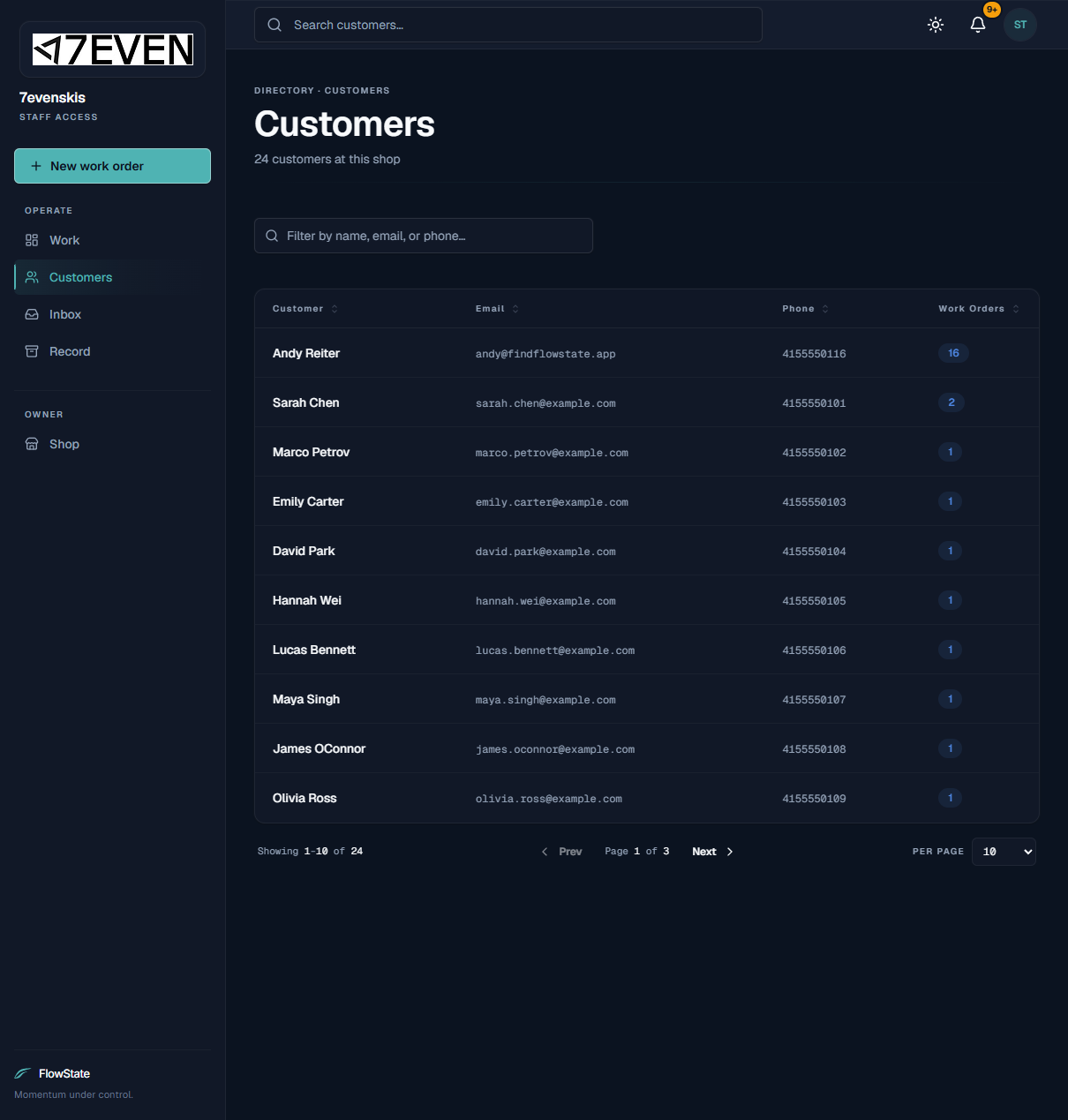 The Customers list, a searchable table of everyone at the shop