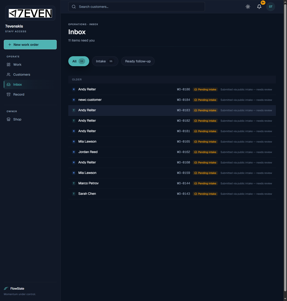 The Inbox, listing online requests that need review