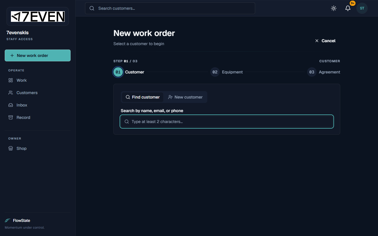 Step 1 of the New Work Order wizard: choosing a customer