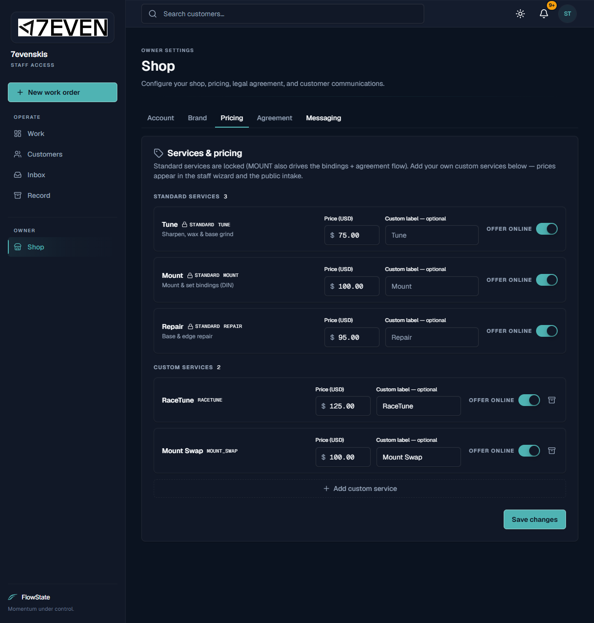 The Pricing tab in Shop settings, showing standard and custom services