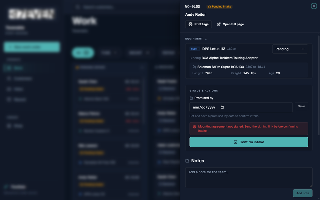 A mount work order showing the mounting-agreement section with a Send agreement link button