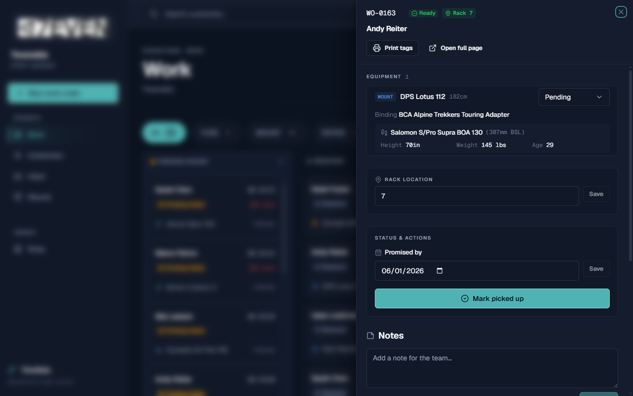 A ready order showing the Rack location field and the Mark picked up action